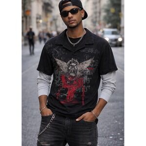 No Boundaries Mens Y2K Grunge Black Skull Layered Long Sleeve Twofer Shirt M   I